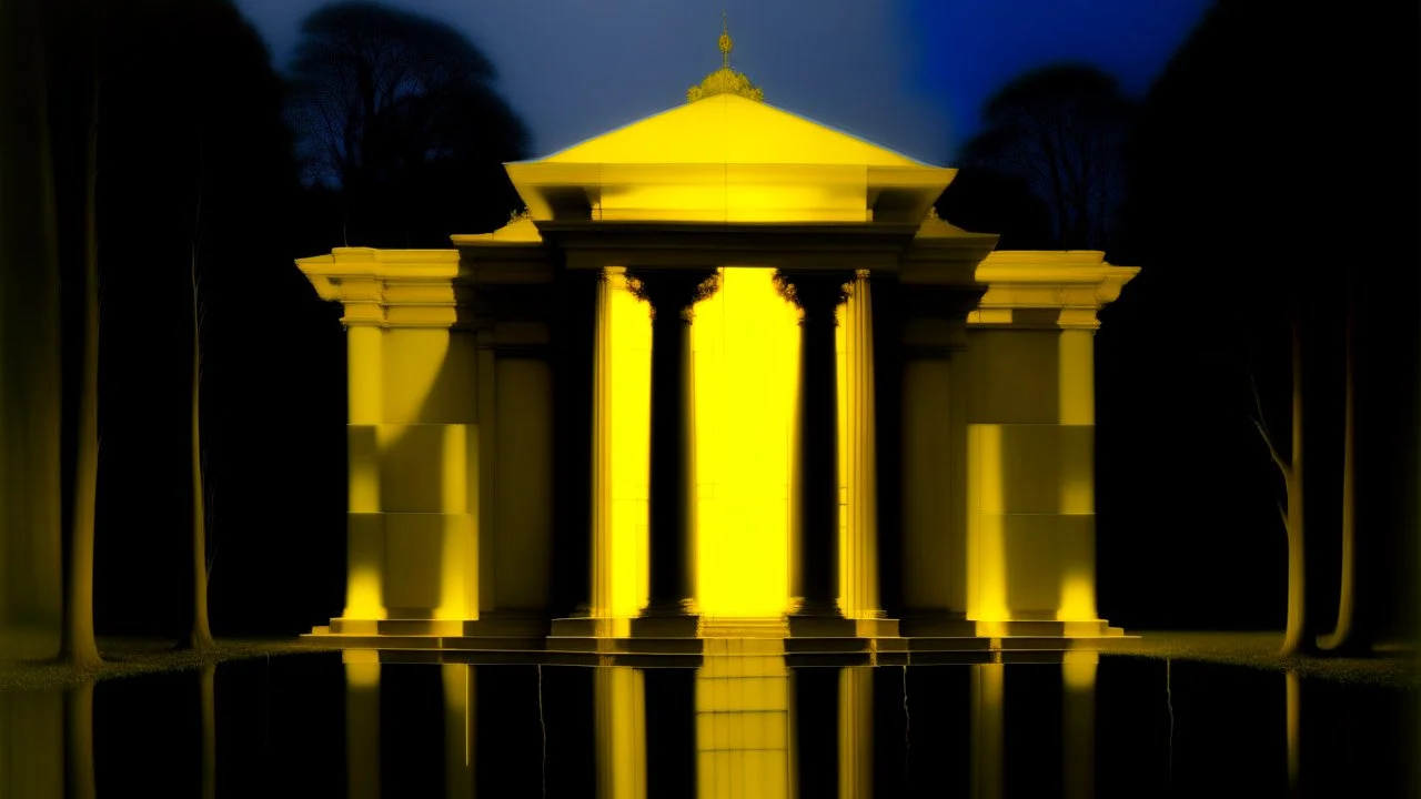 A temple with light yellow lightning painted by Piet Mondrian