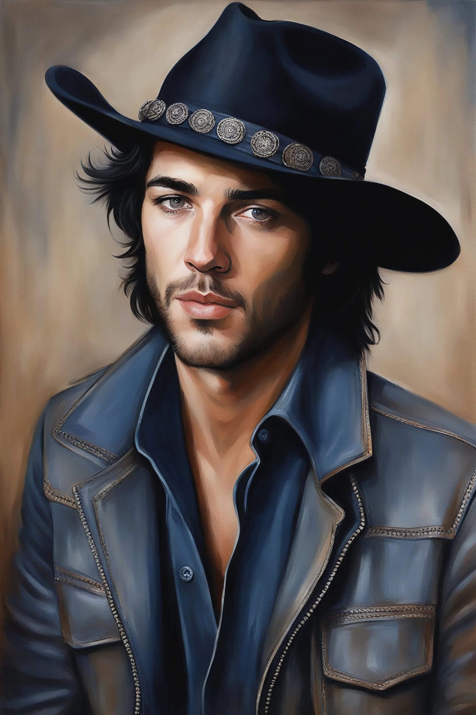 facial portrait, 18-year-old Elvis Paul Stanley Keanu Bernthal, cowboy hat, tan leather jacket, blue shirt, blue eyes, short hair, oil painting, elegant, highly detailed, centered, digital photograph, smooth, sharp focus,