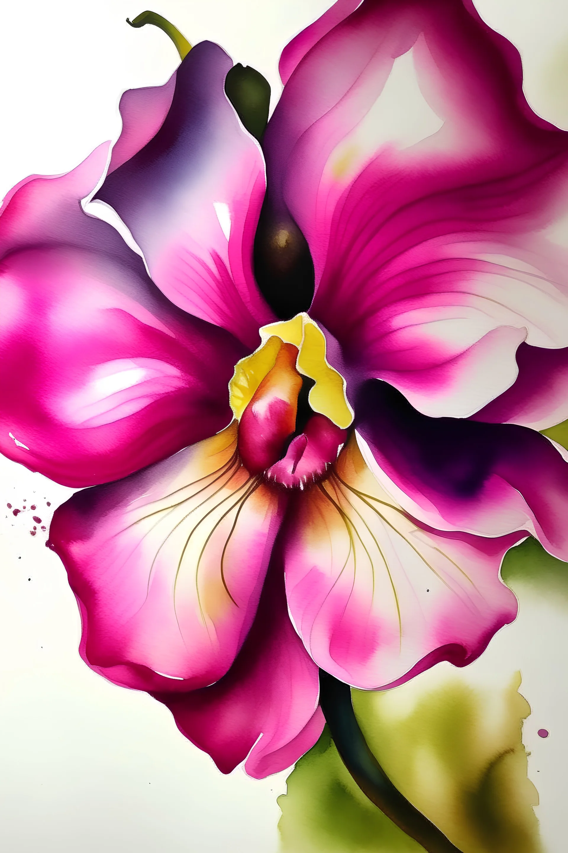 water colour painting of a flower open to resembles female lips, using pink and purple colour palate