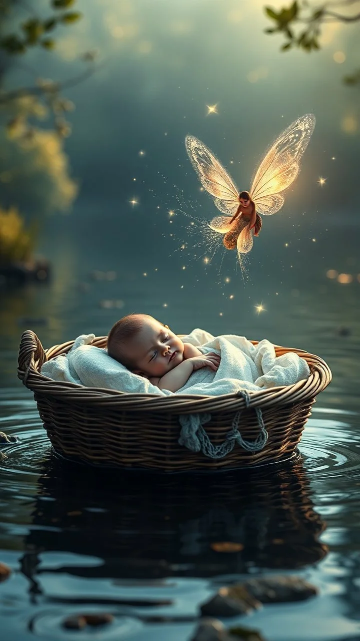 A baby sleeping in side a basket bed that is floating in the river and an beautiful fairy with beautiful sparkling wings flying over him, 4K, a dramatic , cinematic, great lighting