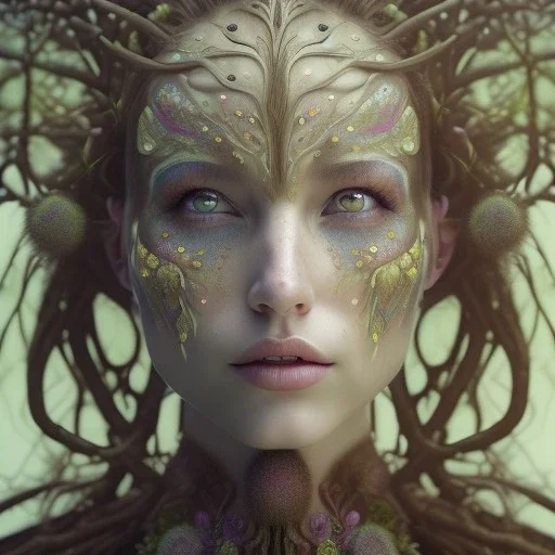 Portrait of beautiful girl, face dept of field,face shining, plant, metal, feathers, Dryad, fae, sidhe, ominous, nature, plants, wildflower, facepaint, dnd character portrait, intricate, oil on canvas, masterpiece, expert, insanely detailed, 4k resolution, retroanime style, cute big circular reflective eyes, cinematic smooth, intricate detail , soft smooth lighting, soft pastel colors, painted Renaissance style,sharp fucus, bokeh,macro lens, 1500mm lens