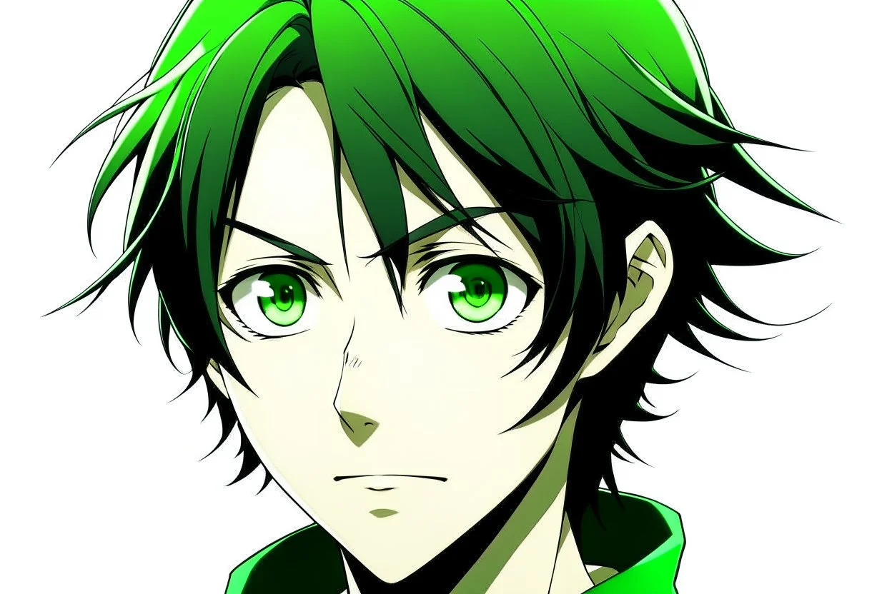 A young adult male with shoulder length black hair and bright green eyes. anime