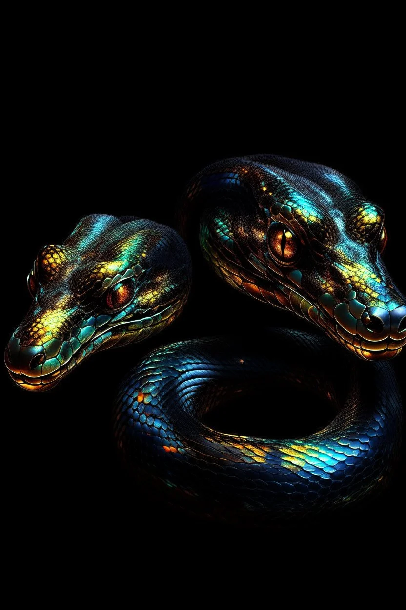 CA two headed snake digital portrait, dark fantasy, black iridescent scales, holographic, shiny, PoVC texture, wet look,