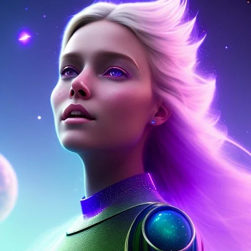 A portrait of a crystalline girl,smiling, longs blond hairs, green eyes, galactic dress, atmospheric, realistic, cinematic lighting, octane render, purple and blue sky, nebula, stars, planets in background, spaceship in background