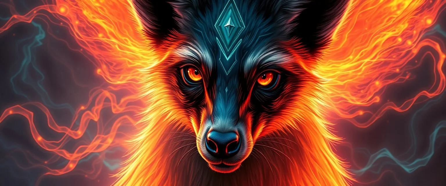 close up portrait of a plasma racoon fox horse king lama shape shifter flickers like hypnotic fire in geometric shapes like a dna swirl of time and a fearsome planeswalker covered in powerful runes