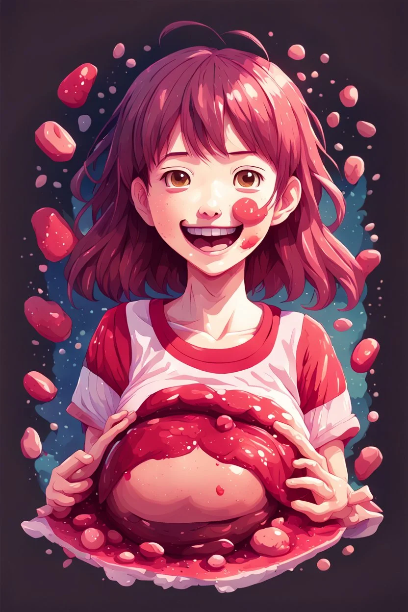 A detailed illustration Anime girl smiling crushed inside really darkred fleshy stomach filled with digestive juices, t-shirt design, in the style of Studio Ghibli, pastel tetradic colors, 3D vector art, cute and quirky, fantasy art, watercolor effect, bokeh, Adobe Illustrator, hand-drawn, digital painting, low-poly, soft lighting, bird's-eye view, isometric style, retro aesthetic, focused on the character, 4K resolution, photorealistic rendering, using Cinema 4D, vector logo, vector art,