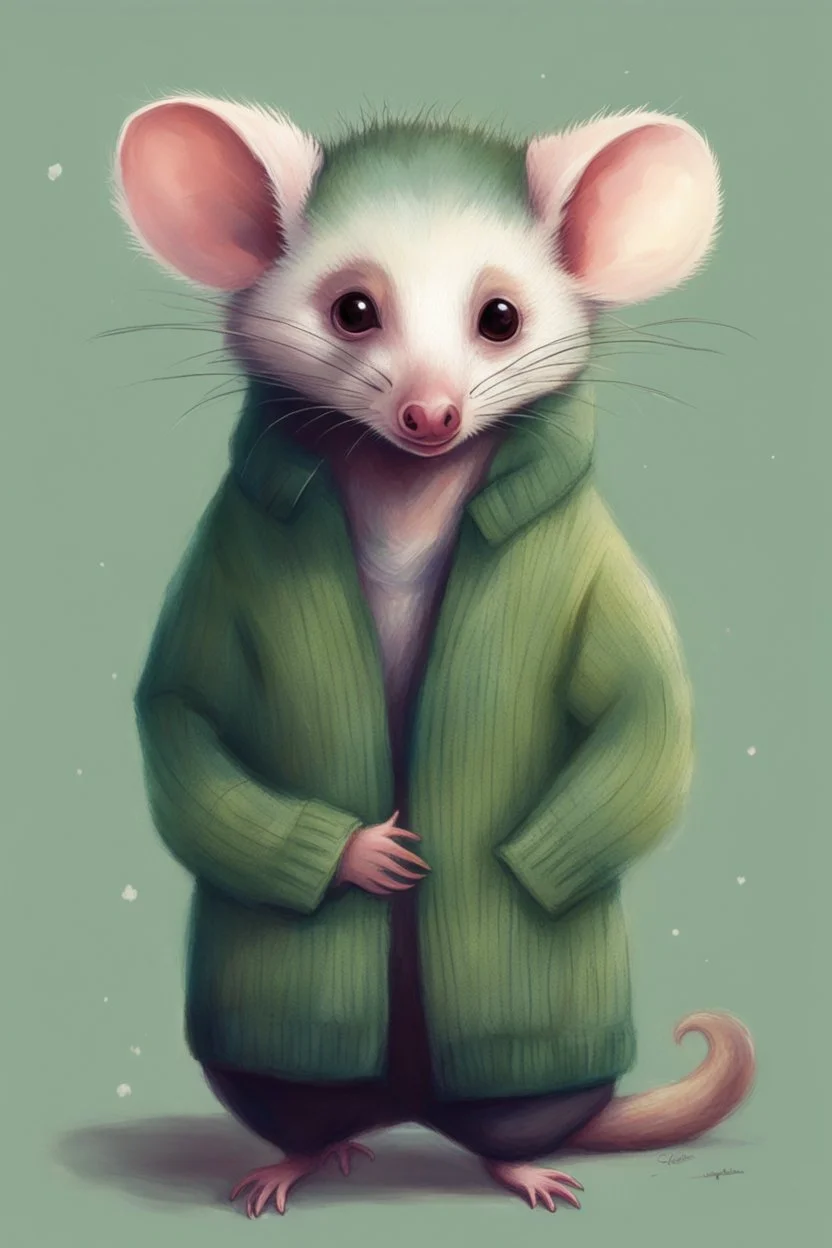 Green opossum wearing cardigan cute art