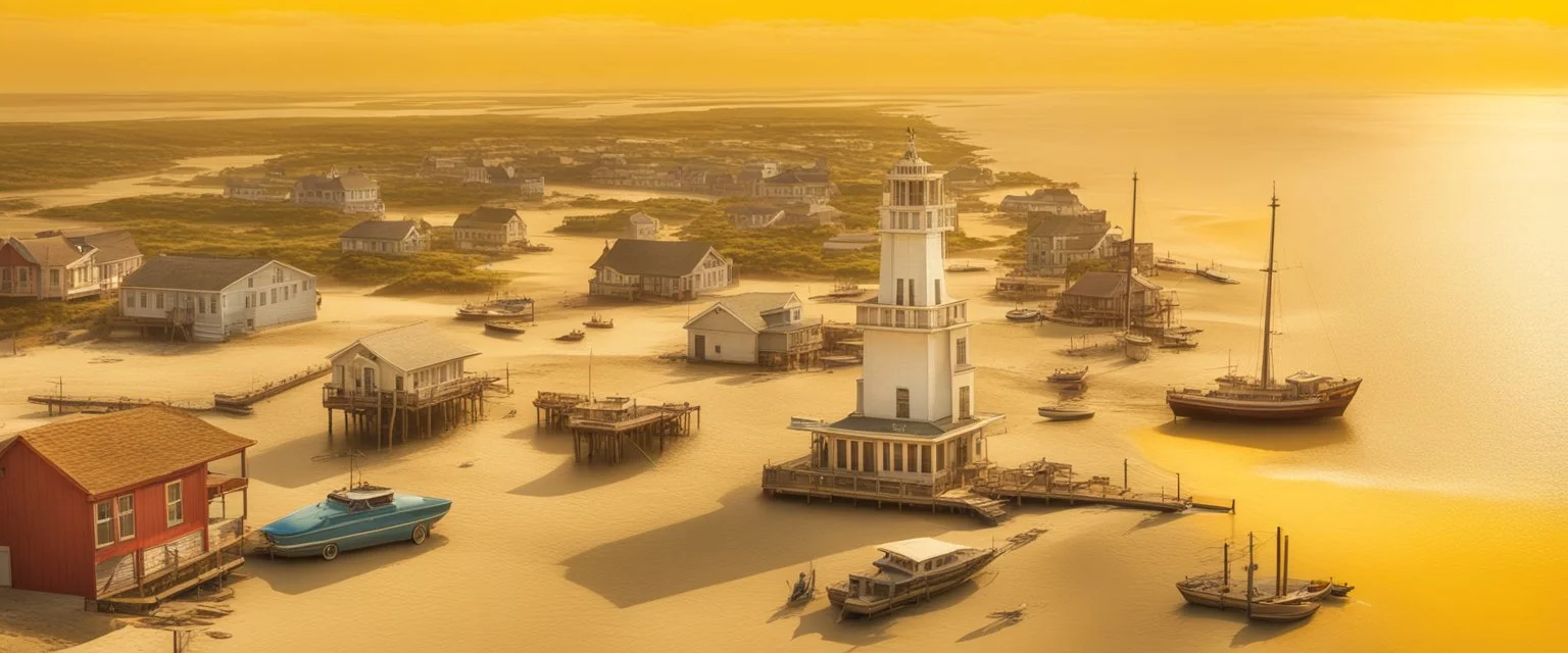 Netflix's Outer Banks, with elements of new york landscape and a Blackpool tower, Miami scenery, and Wild west aspects, with boats, also elements of Devon, in one giant land, realistic, drone shot, background. Scenery, yellow sky, Outerbanks, Outerbanks, Outer Banks, Netflix Outer Bank's.