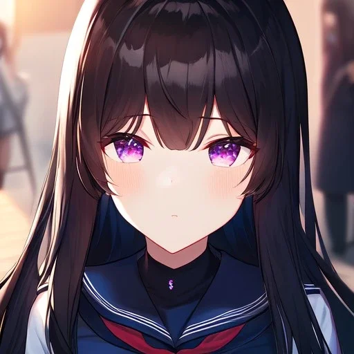 Clear focus,High resolution, Black long straight hair, Long bangs, and purple eyes, Looking down on you, wearing a sailor uniform that is black and red, sighing, Detailed hair