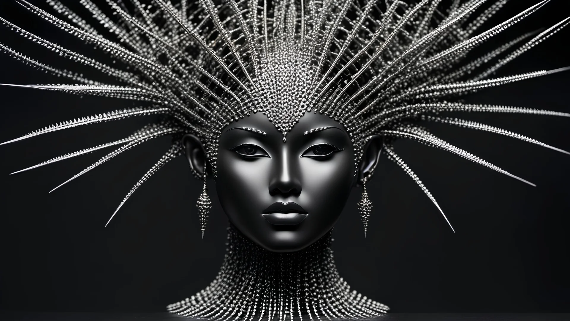 A (((female humanoid sculpture))), intricate and detailed, crafted from thousands of (((tiny steel spikes))), each element expertly fashioned with razor-sharp precision, standing confidently against a (black, sleek backdrop). The figure's delicate features are beautifully replicated, showcasing the elegant curves of its form and the precise angles of its face, creating a dazzling interplay of light and shadow that draws the eye