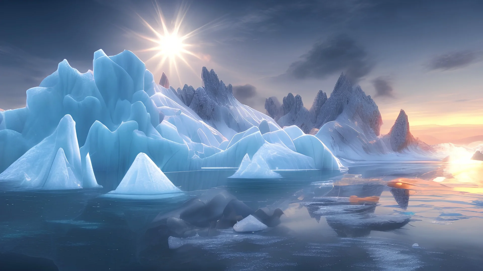 cartoon illustration: nature with icebergs and frozen sea, sun in the sky