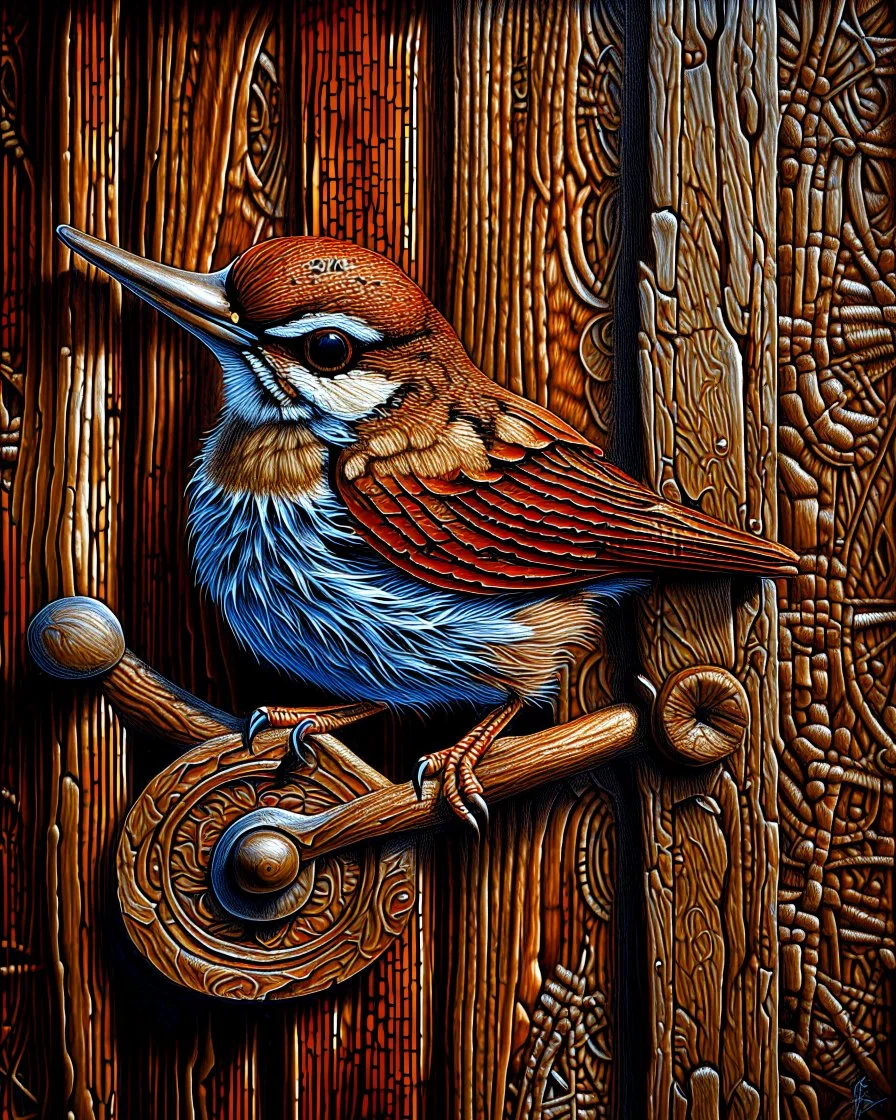 Small brown wren with intricate feathers perched on a weathered barn door, the door is cracked and rotting with a rusting handle, intricate woodgrain patterns with peeling paint, rusted bolts, deep textures, acrylic art, highly detailed
