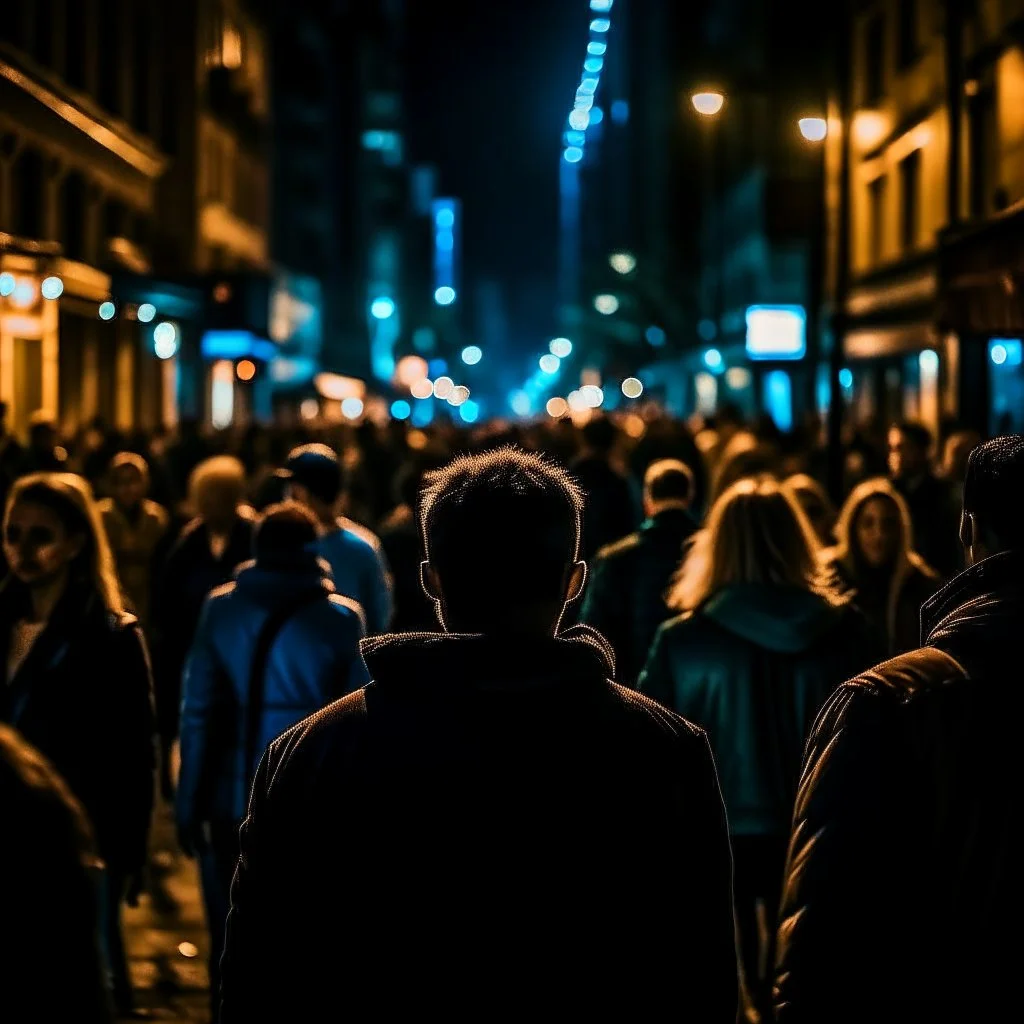 dark city at night, lots of people, blurred, focus on one person in the middle