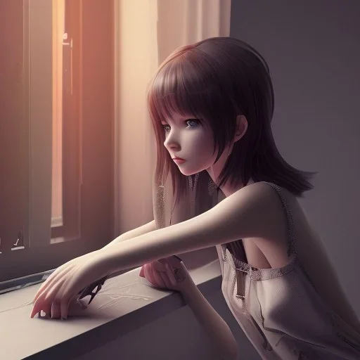 Anime, female student studying by the window,perfect face, cool face, ultra detail, unreal engine 5, cinema4d, sun light, studio lighting --ar 1:1 --v 4