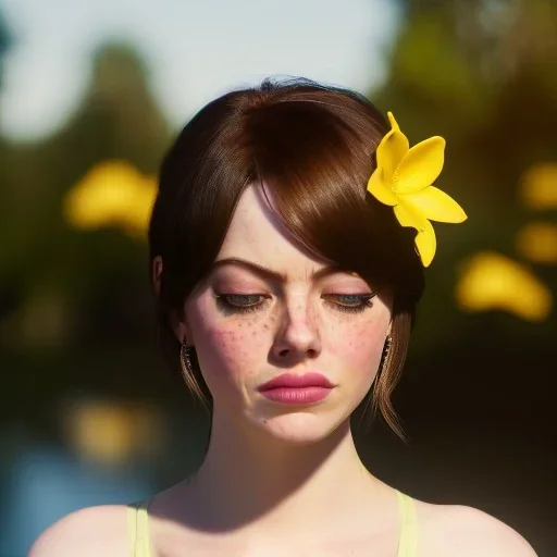 Emma Stone no underwear with yellow flowers for hair, closed eyes, rtx, reflection, 8k, glow, winning photography, caustics