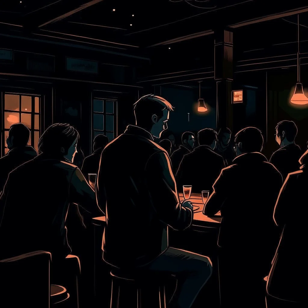 a single figure in a crowded bar at night, dark colors