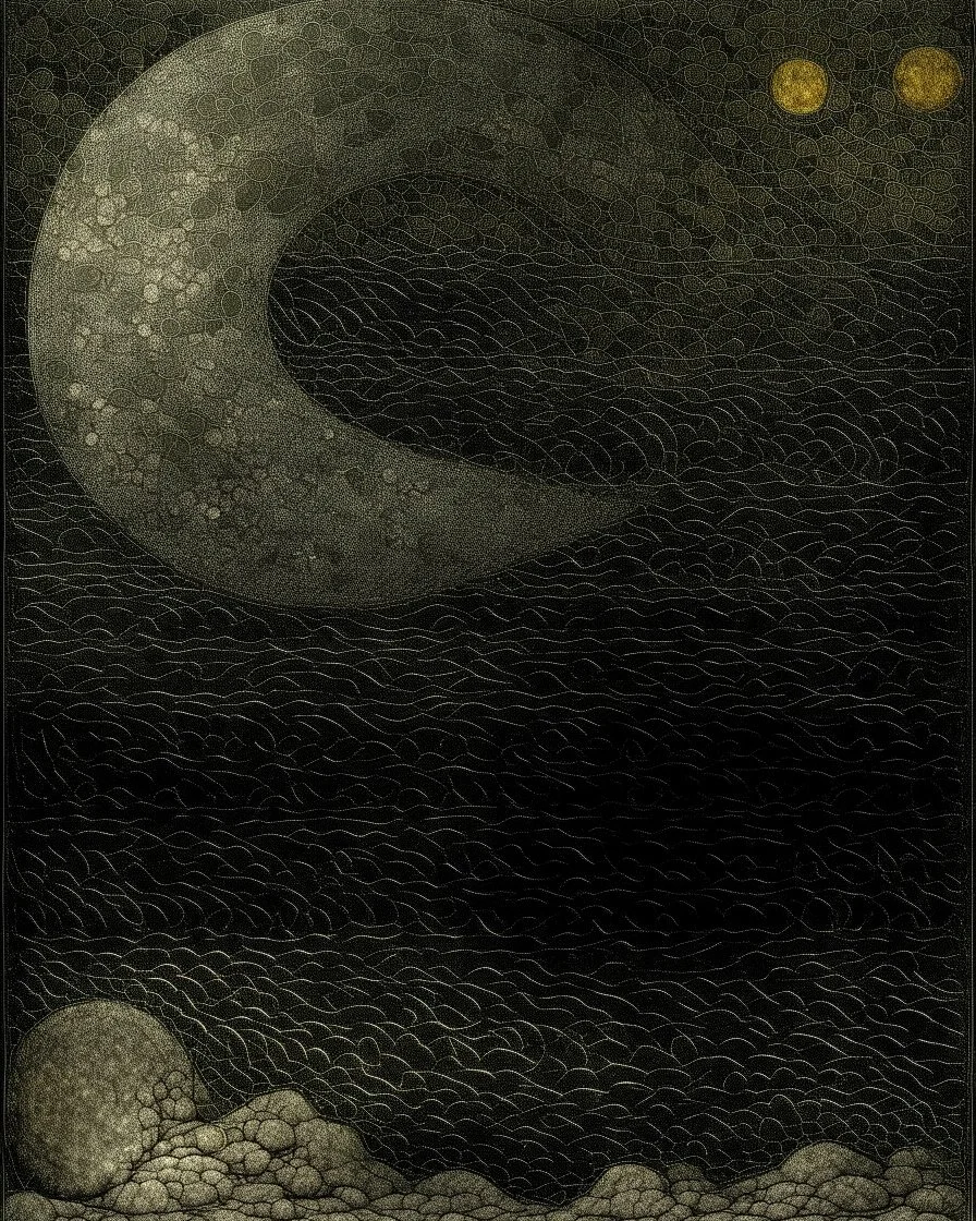 A gray celestial galaxy designed in ancient Greek mosaics painted by Albert Pinkham Ryder