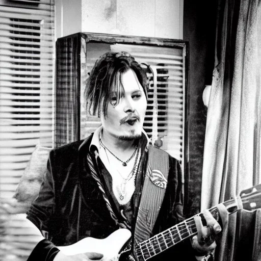 A Johnny depp singing a sad song and playing guitar in bathroom