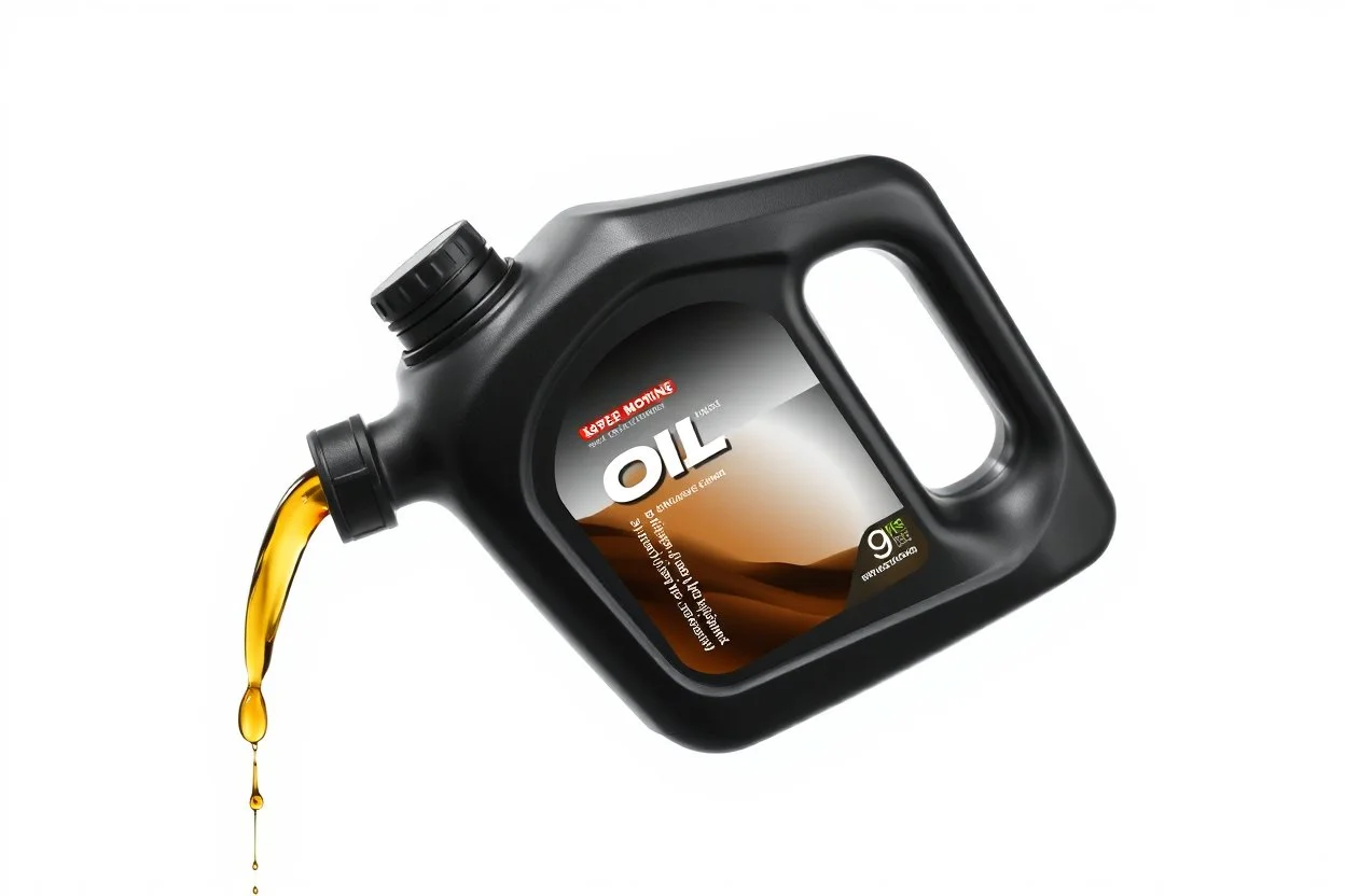 whole bottle(black plastic, 1 liter, generic motor oil) floating in middle of image, on it's side pouring(oil) out of the opening. white background, Smooth vector