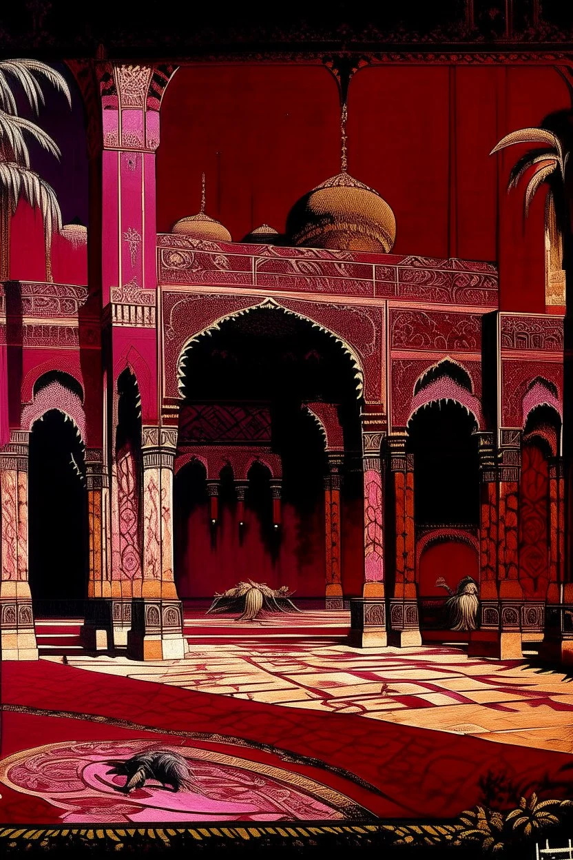 A dark magenta Egyptian spider palace in a desert designed in medieval tapestry painted by Édouard Manet