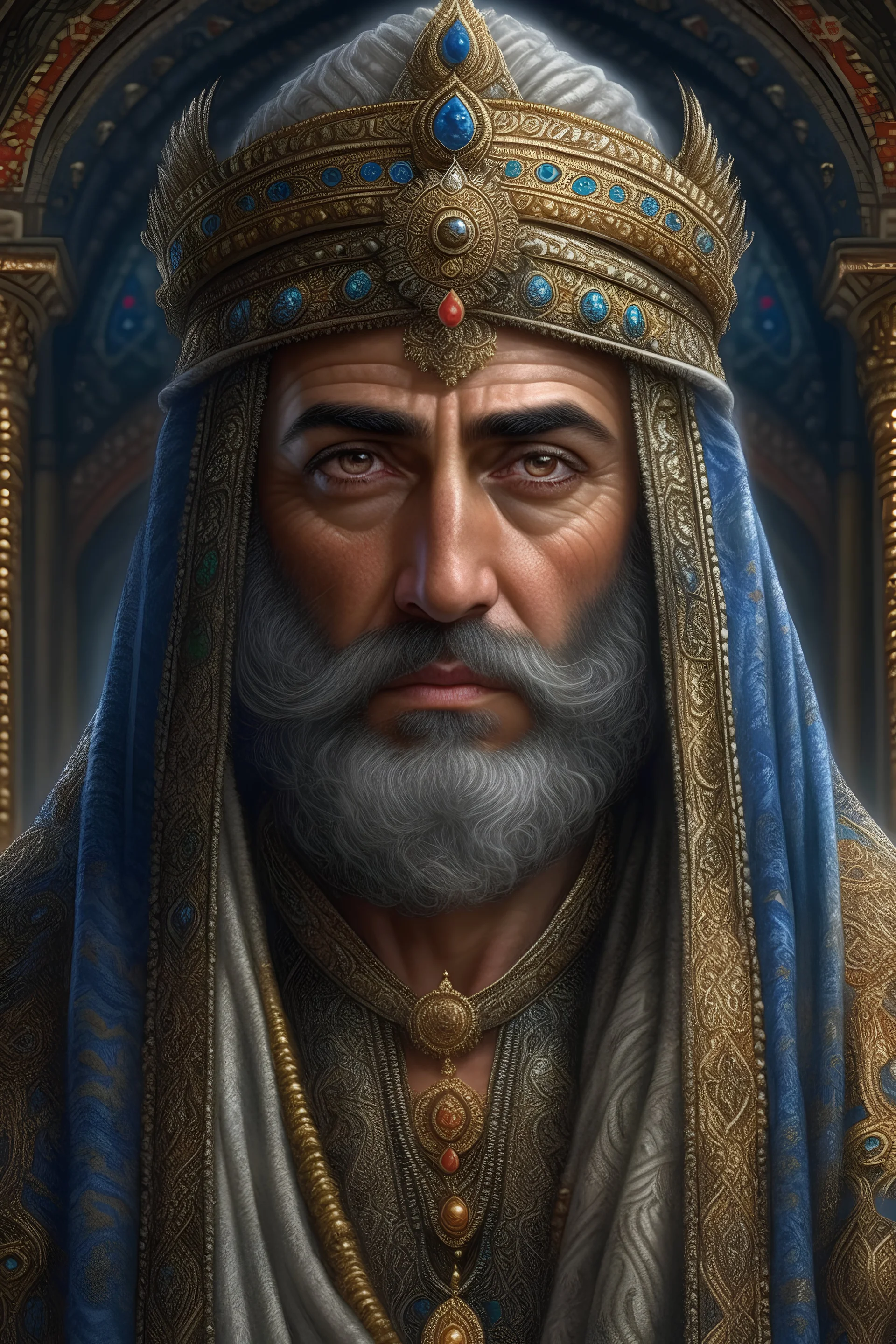 Islamic, Majestic, Gorgeous, Giant, Fantasy World, Clear View, Candid Facial Features, Accurate Detail, Robes, Headdress, Hyper Realistic, Highly Detailed, Highly Intricate