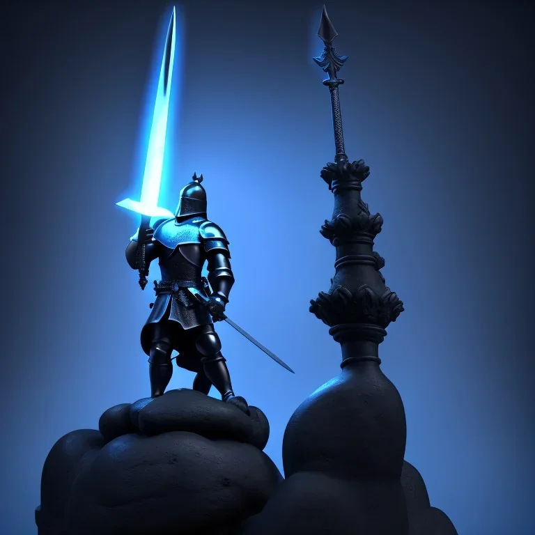 large black stone statue of a knight in a dark dungeon, holding a sword that's pointing up and glowing blue