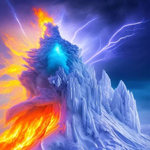 close up of colorful bird in front of exploding ice castle, ski tracks and blue storm clouds and burning lightening