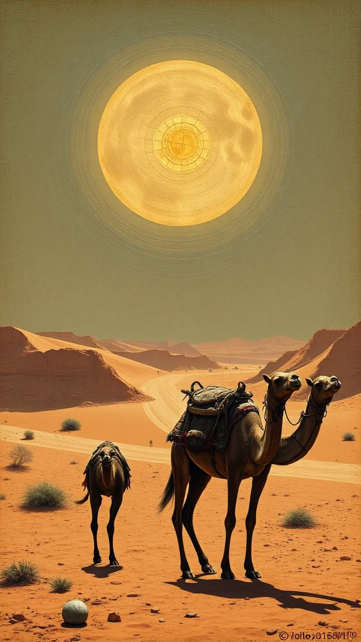 Hieronymus Bosch style , Morocco desert and camels