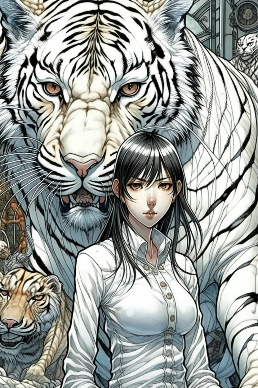 junji Ito ~ shintaro kago ~ apollonia saintclaire ~ saturno butto ~ anime woman posing. standing next to giant fierce white tiger. anime style alluring. cute, amazingly girly. Cute. anime girl. unrealistic feminine anatomy, very feminine pose. Gorgeous features . Hyper detailed. High definition. Anime style. HDR. 8k. This contrast between the fantastical character and the more bold color scheme and elements gives the piece an intriguing narrative quality. painted realism, photorealistic, fantasy