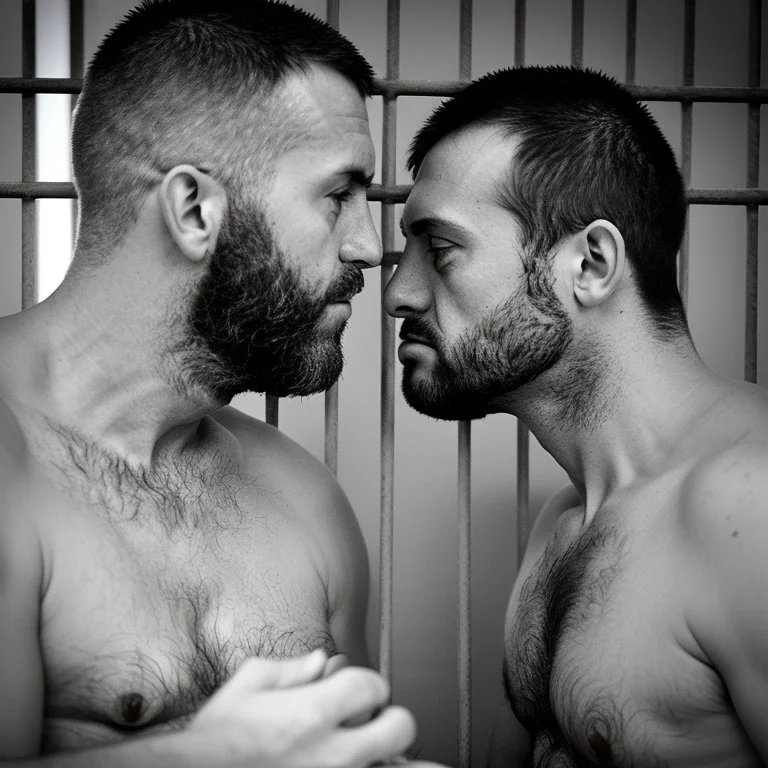 extreme close up photo of two italian prisoners in tank top 40 years old kissing in prison behind bars, chubby, dirty, ugly, bullneck, muscular, short beard, long hairs, manly chest, misery and poverty, emotive eyes, photo 35mm lens, side view, photorealistic, ultradetailed