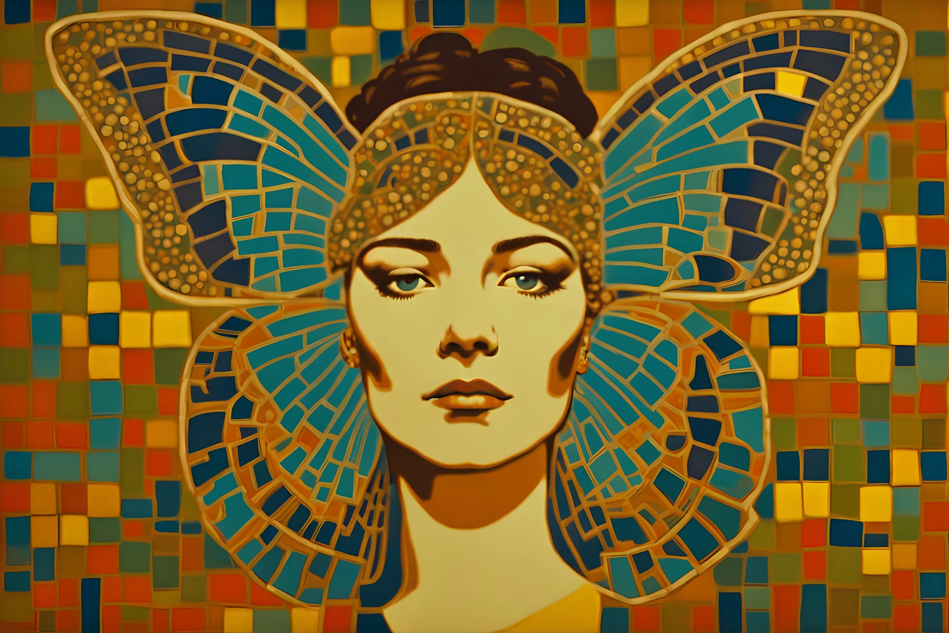 psychedelic painting of Psykhe depicted in ancient mosaic art as a butterfly-winged woman by andy warhol