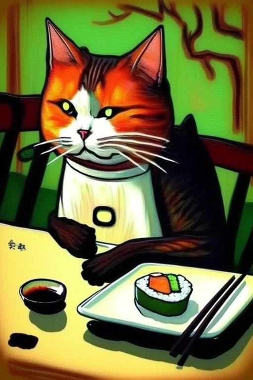 Cat eating sushi. Painting style of Edvard Munch