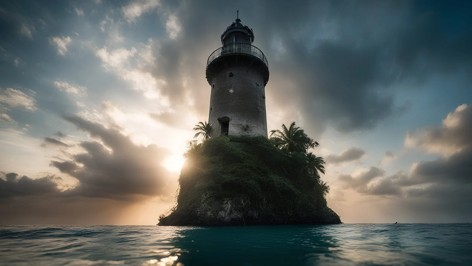 Photoreal magnificent shot from below the water surface of the sea of a gargantuan medieval light house on an exotic caribbean jungle coast at sunset by lee jeffries, otherworldly creature, in the style of fantasy movies, photorealistic, shot on Hasselblad h6d-400c, zeiss prime lens, bokeh like f/0.8, tilt-shift lens 8k, high detail, smooth render, unreal engine 5, cinema 4d, HDR, dust effect, vivid colors