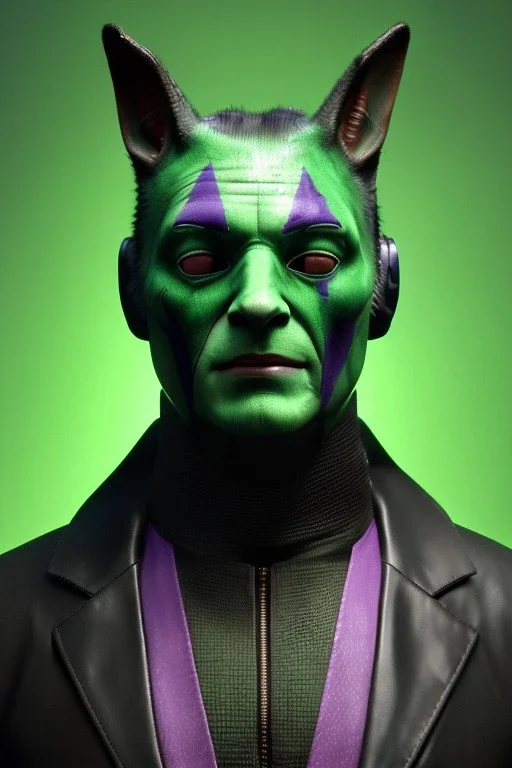 Medium Close Up Portrait, Front image. cyberpunk, rabbit mask helmet, strong man, green hair. latex suit. Purple, green, color. Joker style. Color background, photo studio. Avatar image, highly detailed, concept art, smooth, unreal engine 5, ray tracing, RTX, lumen lighting, ultra detail, volumetric lighting, 3d, finely drawn, high definition, high resolution.