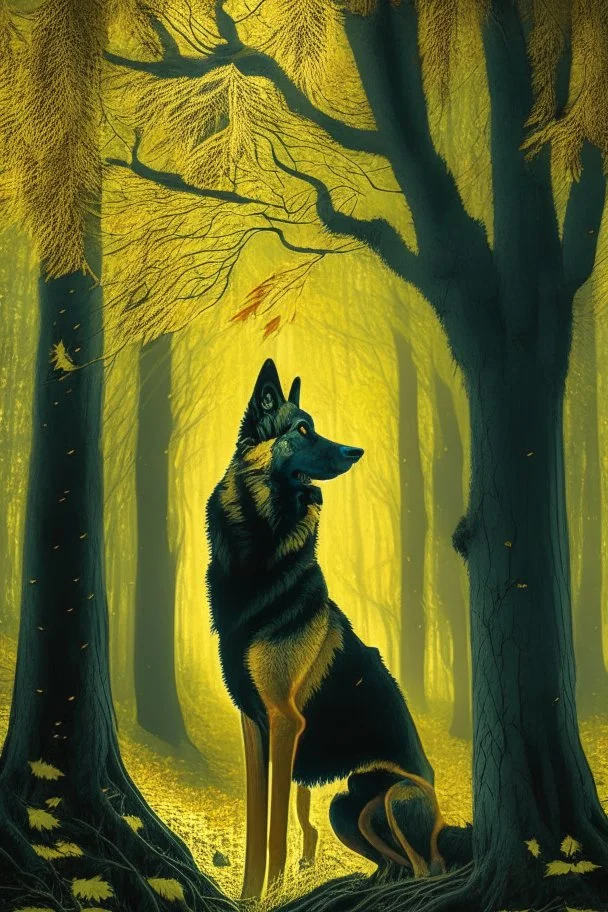 In the heart of a dense and enigmatic forest with towering ancient trees cloaked in emerald, yellow foliage stands a common beech In front of the tree roams a majestic canine of Belgian shepherd lineage its eyes illuminated by an otherworldly crimson