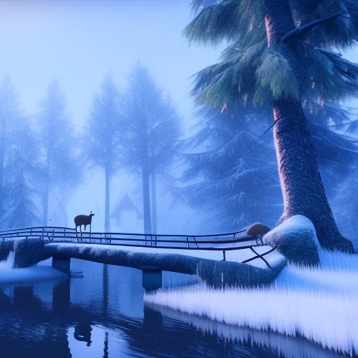 Forest ice palms twigs winter, bridge birds,live house, bear, deer, unreal engine