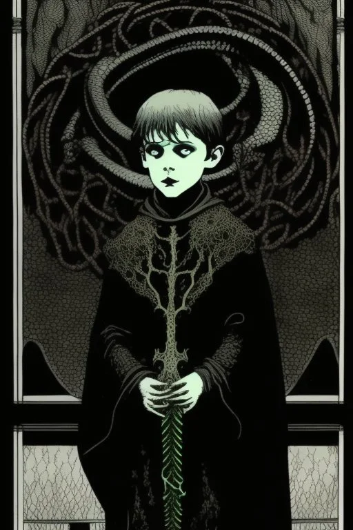 7 year old boy, necromancer, friendly, looks dead,with a lamprey serpent , wearing black robes, in the style of Harry Clarke
