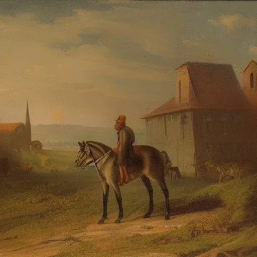 a man on a horse with a town in the background