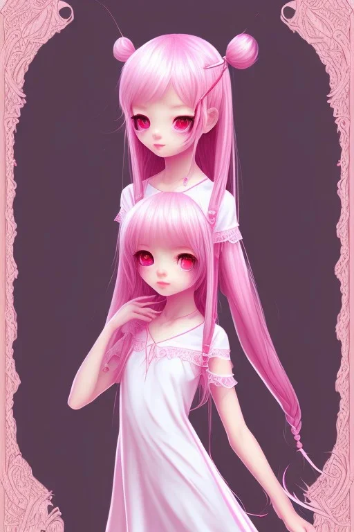 Loli wearing long nightgown, hands behind back, wholesome, innocent, long pink hair, tilted head