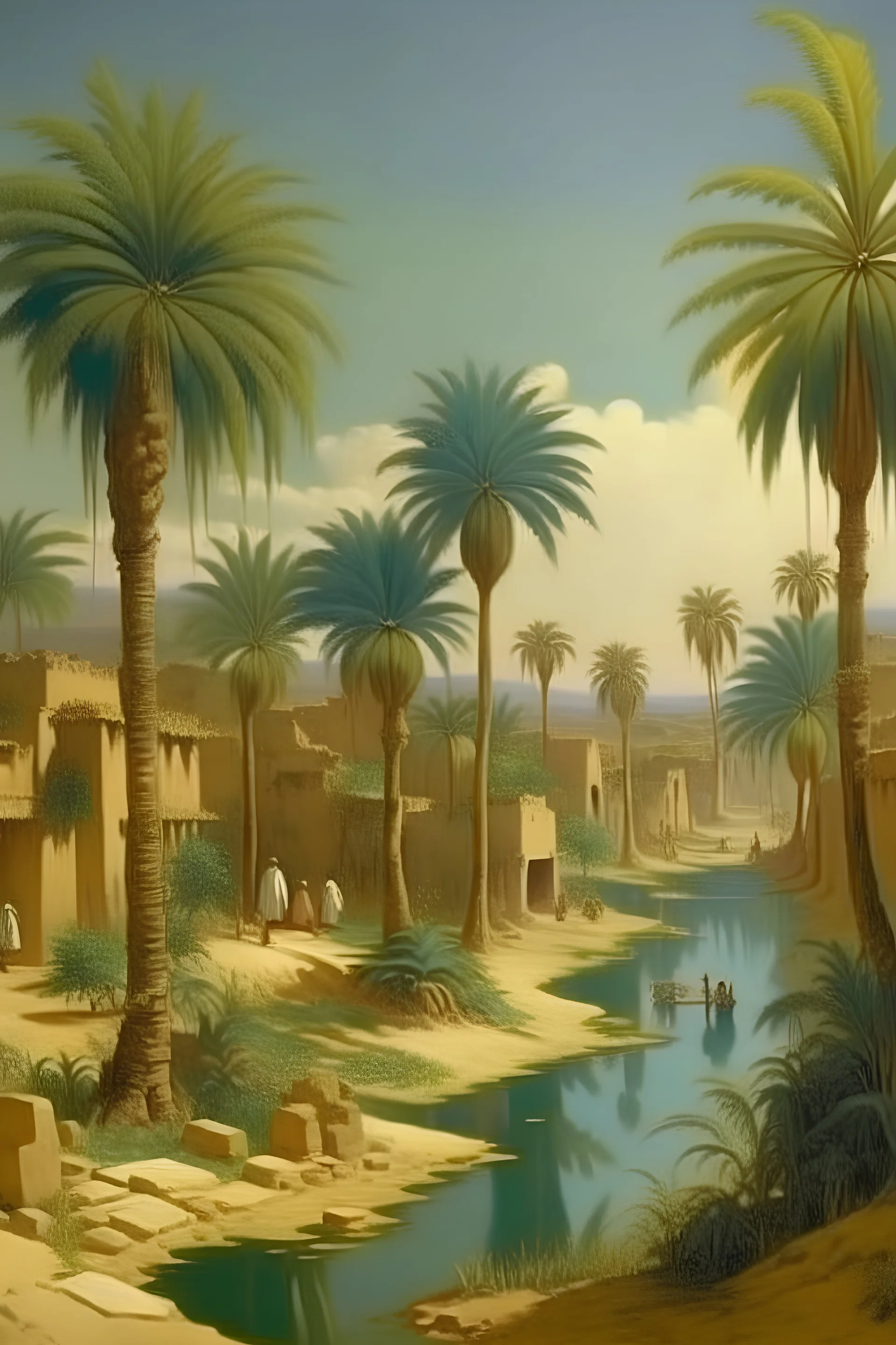 Portrait of an old egyptian avillage include plants trees palm trees and corn fields canals