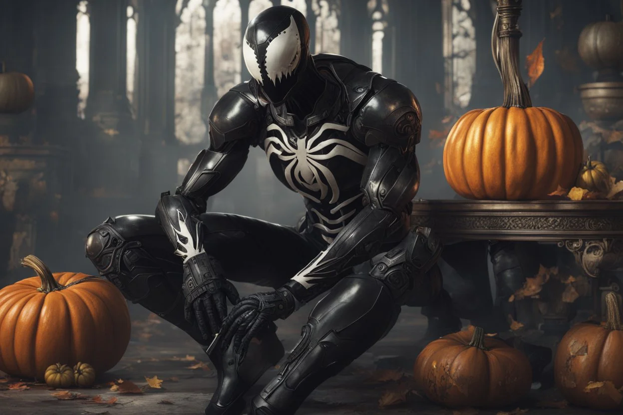 venom machine in 8k nier automata artstyle, halloween them, pumpkin head, close picture, fantasy world, intricate details, highly detailed, high details, detailed portrait, masterpiece,ultra detailed, ultra quality
