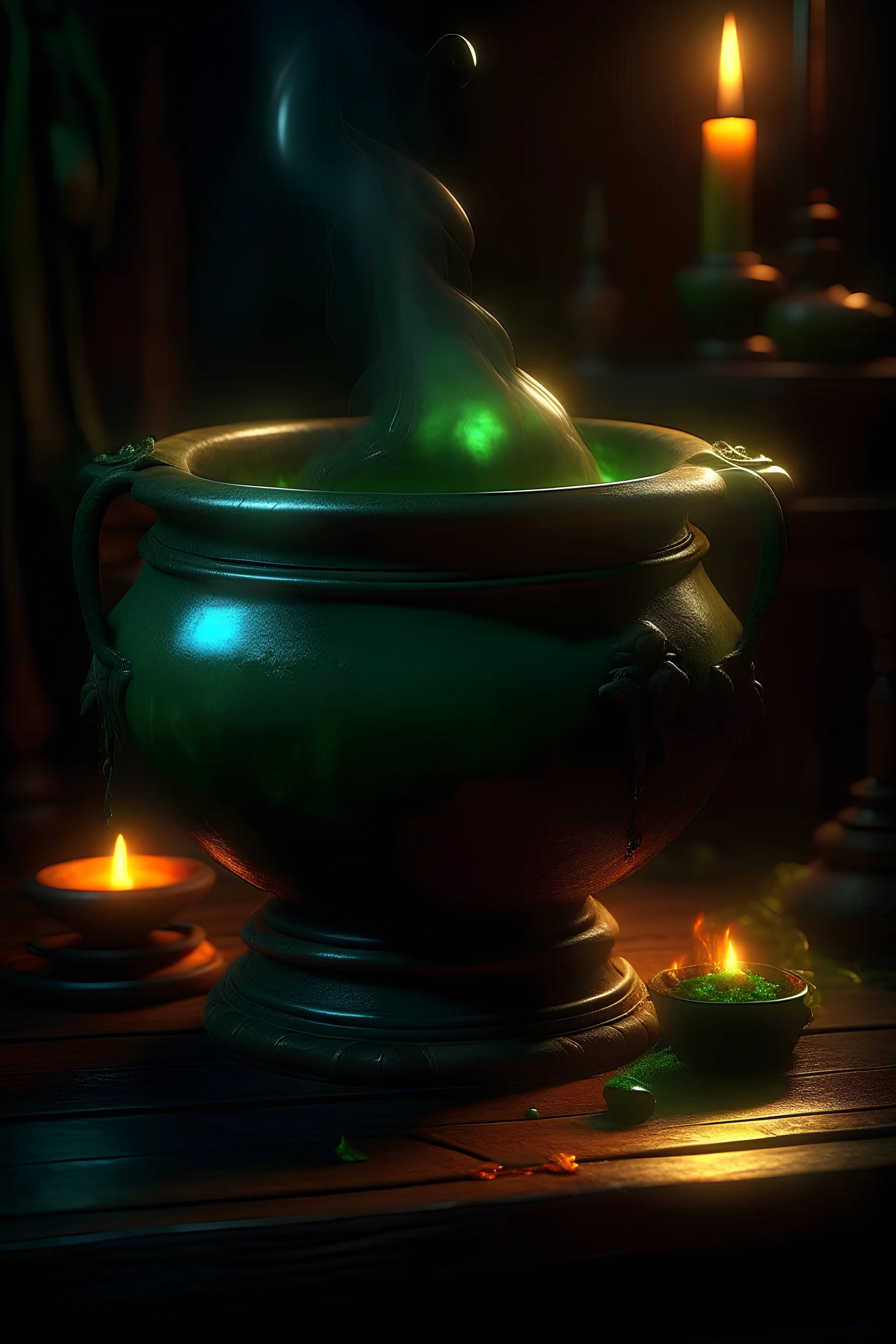 A magical witch's cauldron, in which there is a magical green brew, a beautiful metal cauldron on legs, soft shadows, even light, a healthy style, an art station style, including stunning magical realism, with a fabulous quality, illuminated by chiaroscuro and atmospheric lighting, emitting a pure, magnificent aura