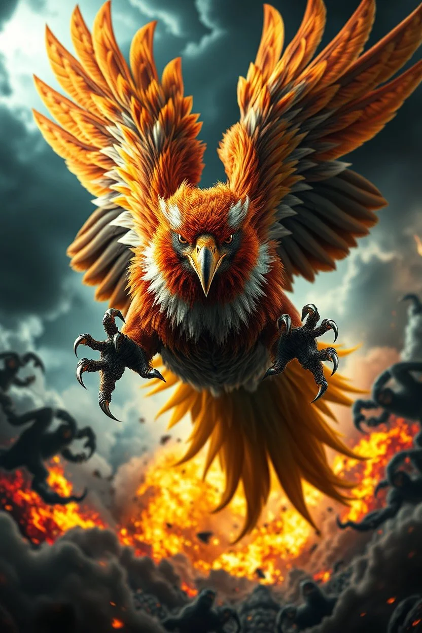 Create a ultra high definition and photorealistic image, 12k quality of a beautiful phoenix, majestic and strength showing, emphasis on texturized claws, upclose with a front view flying towards the camera, centre of an explosive and chaotic background scene of Armageddon where he is followed by demon like dark clouds in persuit trying to grab him, phoenix has striking eyes and determined look, majestic wings folded inwards in flight, bright auburn, black, white, grey and yellow colours, gothic