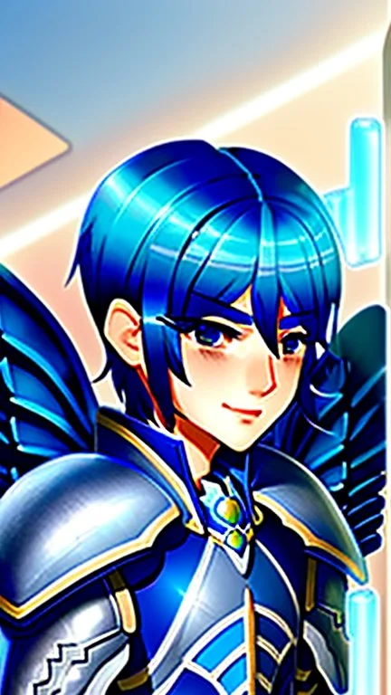 a human male with blue short hair and blue wings in assymetrical armor with geometric patterns and a book in hand