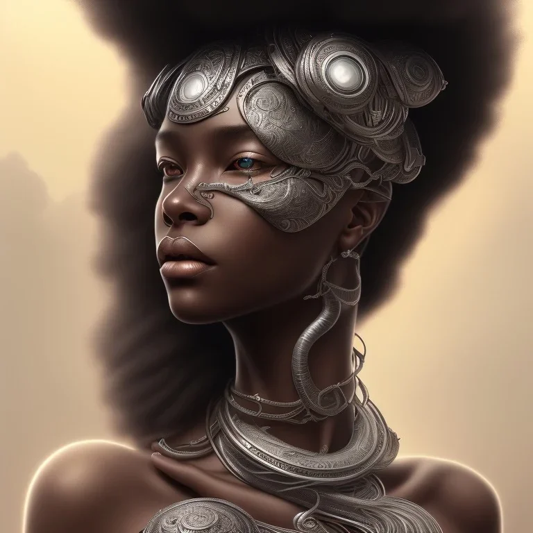 sango fantasy, fantasy magic, intricate, sharp focus, illustration, highly detailed, digital painting, concept art, matte, masterpiece head sexy view black African beauty black afro hair space lady silver snake skin African princess facing forward