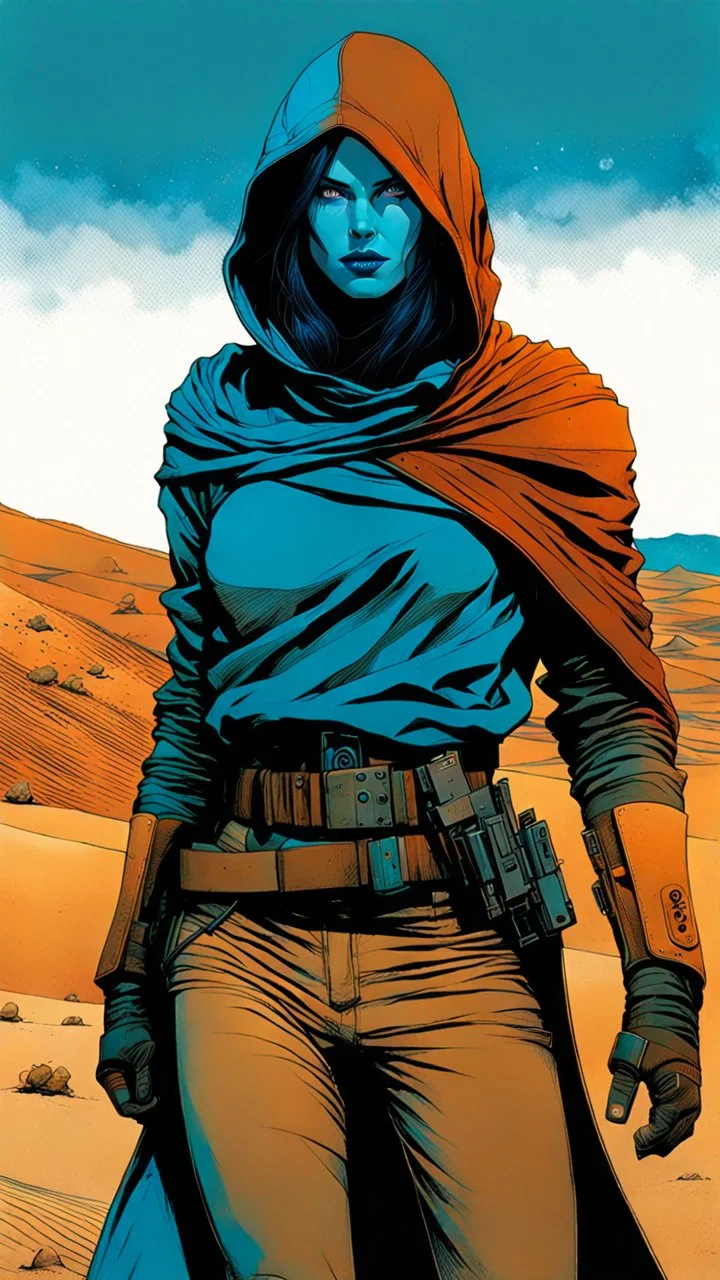 create a fine art print full body illustration of a rugged gritty, roughly textured, hooded, blue eyed, Fremen female mercenary with highly detailed feminine facial features, amidst the swirling desert sands of Arrakis, in the comic book art style of Bill Sienkiewicz, and Jean Giraud Moebius, finely textured, drawn, colored, and inked,