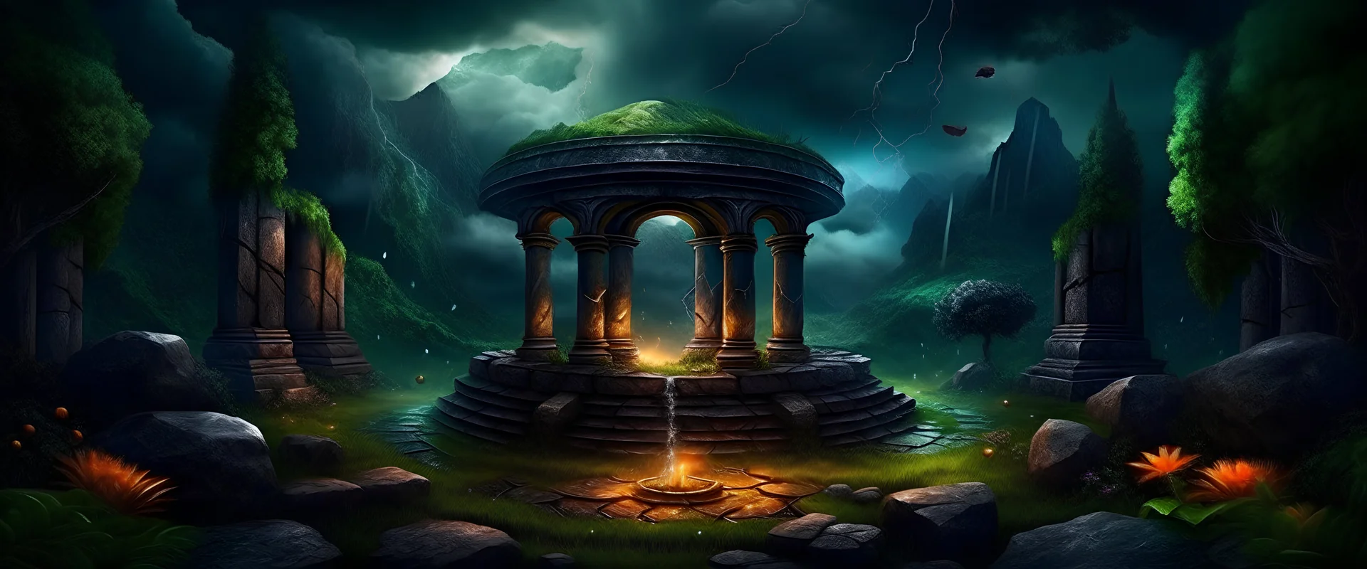 meditation round podium . my dreams . In the garden my mind bows . meditation .The ruins of a village in the midst of thunderbolts in the jungle , mountains. space color is dark , where you can see the fire and smell the smoke, galaxy, space, ethereal space, cosmos, panorama. Palace , Background: An otherworldly planet, bathed in the cold glow of distant stars. Northern Lights dancing above the clouds in Finland.