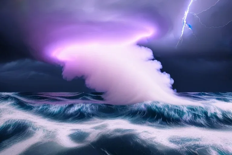 precise digital photo of a rgb random multicolour tornado made of smoke particles, over a stormy ocean, high waves colliding with the smoke, foam, intricate, 8k, extremely detailed, cgi, hyperrealistic render, volumetric lighting, impressive volumetric clouds, vitality colors, double precision