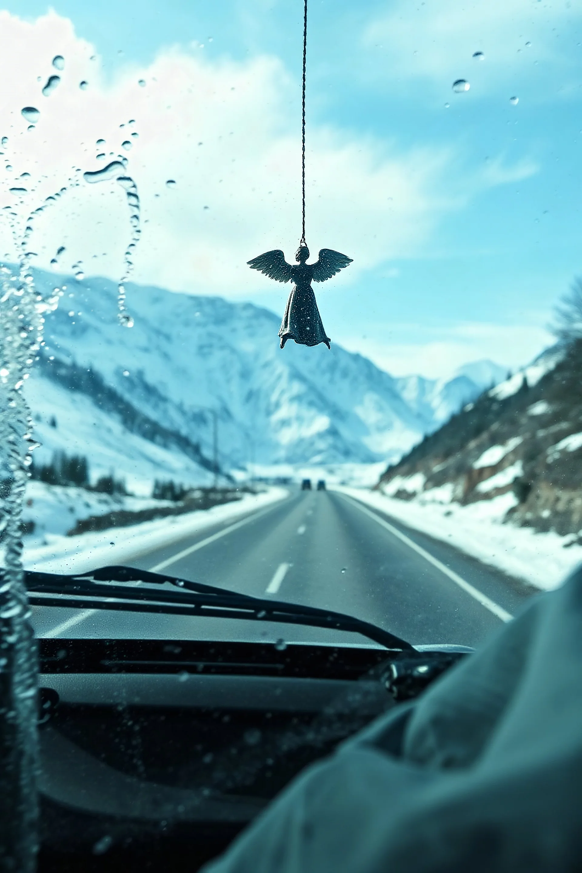 surreal mountain road seen through a dirty truck front window, dirty blue snow and wind, angel hanging