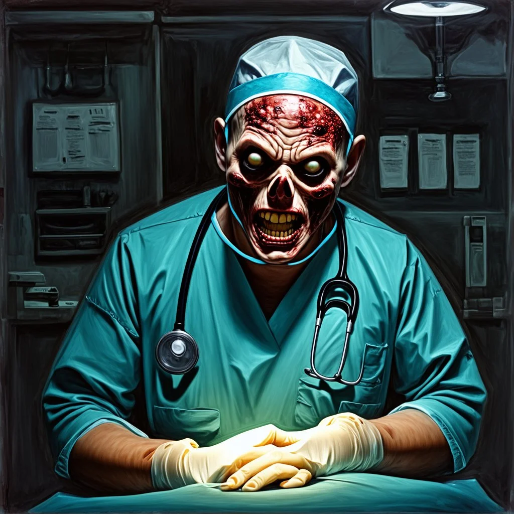 hauntingly visceral matte oil painting featuring a sinister zombie doctor dressed in stained surgical scrubs doing surgery. The doctor, adorned with facial sores, and a chilling open mouth expression. The scene is bathed in eerie, grainy colors, with a macabre atmosphere. The composition is dynamic, with complex contrast and a sinisterness that invites both fascination and unease, style by Grant Morrison and Kelley Jones